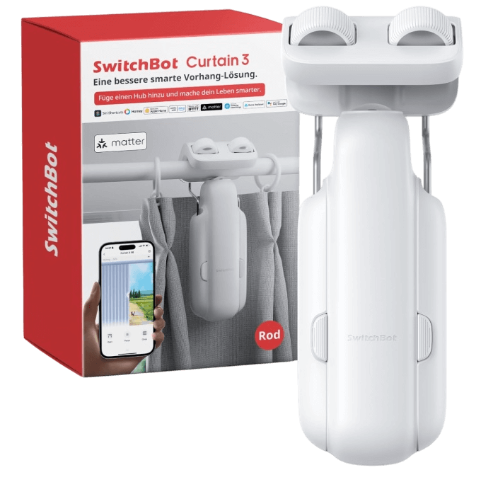Der SwitchBot automatischer Vorhangöffner und Vorhangmotor ist zu sehen.