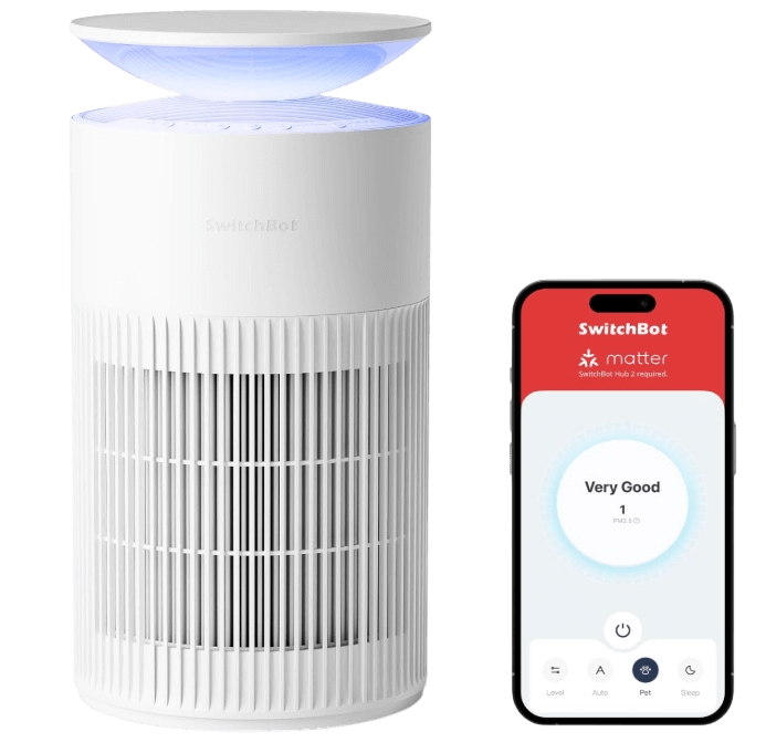 Der SwitchBot Air Purifier Luftreiniger steht neben der Bedienung per App und reinigt die Luft.