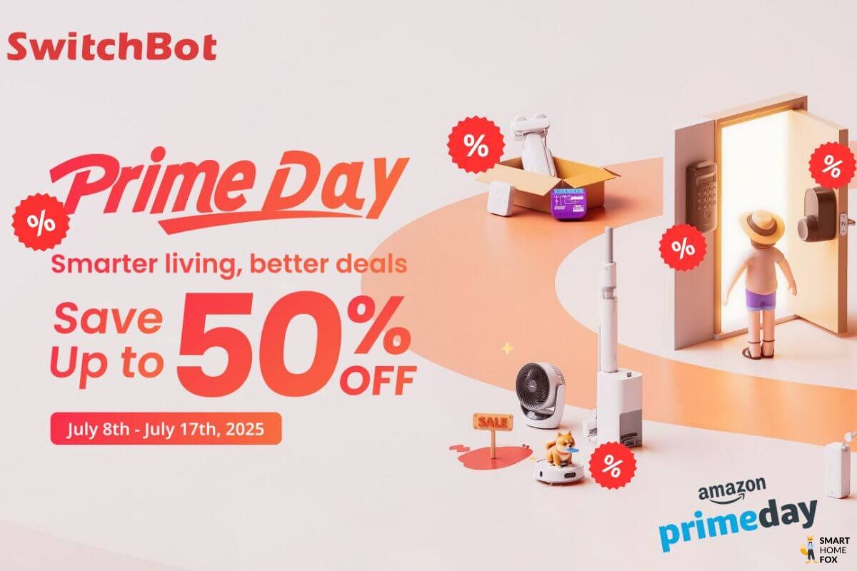 SwitchBot Prime Day 2025 Banner mit Schriftzug „Save up to 50 %“ (8.–17. Juli) und Cartoon-Szene: smartes Türschloss an offener Tür, K10+ Roboter mit Katze, Luftreiniger, Hub & Sensor – Amazon SwitchBot Deals im Überblick.