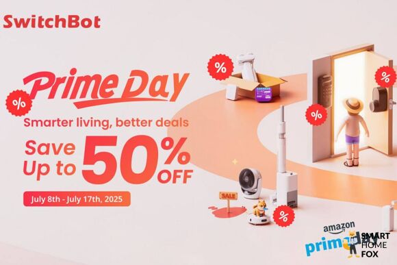 SwitchBot Prime Day 2025 Banner mit Schriftzug „Save up to 50 %“ (8.–17. Juli) und Cartoon-Szene: smartes Türschloss an offener Tür, K10+ Roboter mit Katze, Luftreiniger, Hub & Sensor – Amazon SwitchBot Deals im Überblick.
