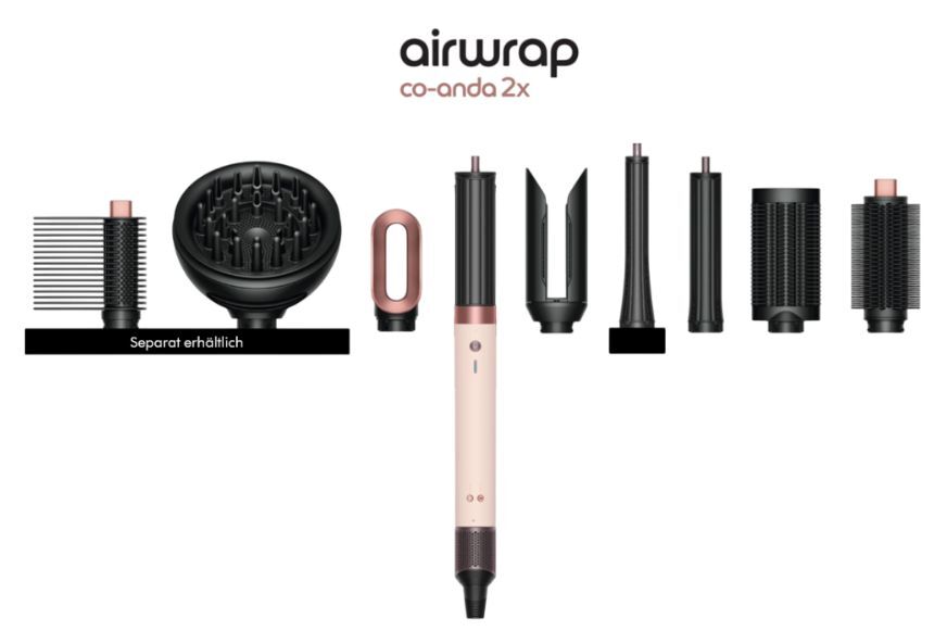 Der Dyson Airwrap Co-anda 2x ist zu sehen mit allen Aufsätzen die dabei sind und optional erhältlich sind.