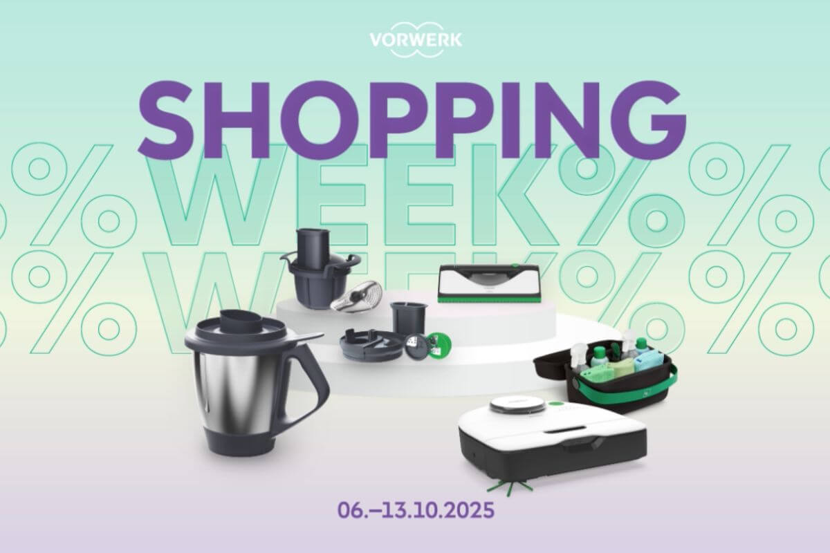 Thermomix und Zubehör (Mixtopf, Gemüsestyler, Sensor) und Vorwerk Kobold Produkte mit Rabattkennzeichnungen während der Shopping Week.