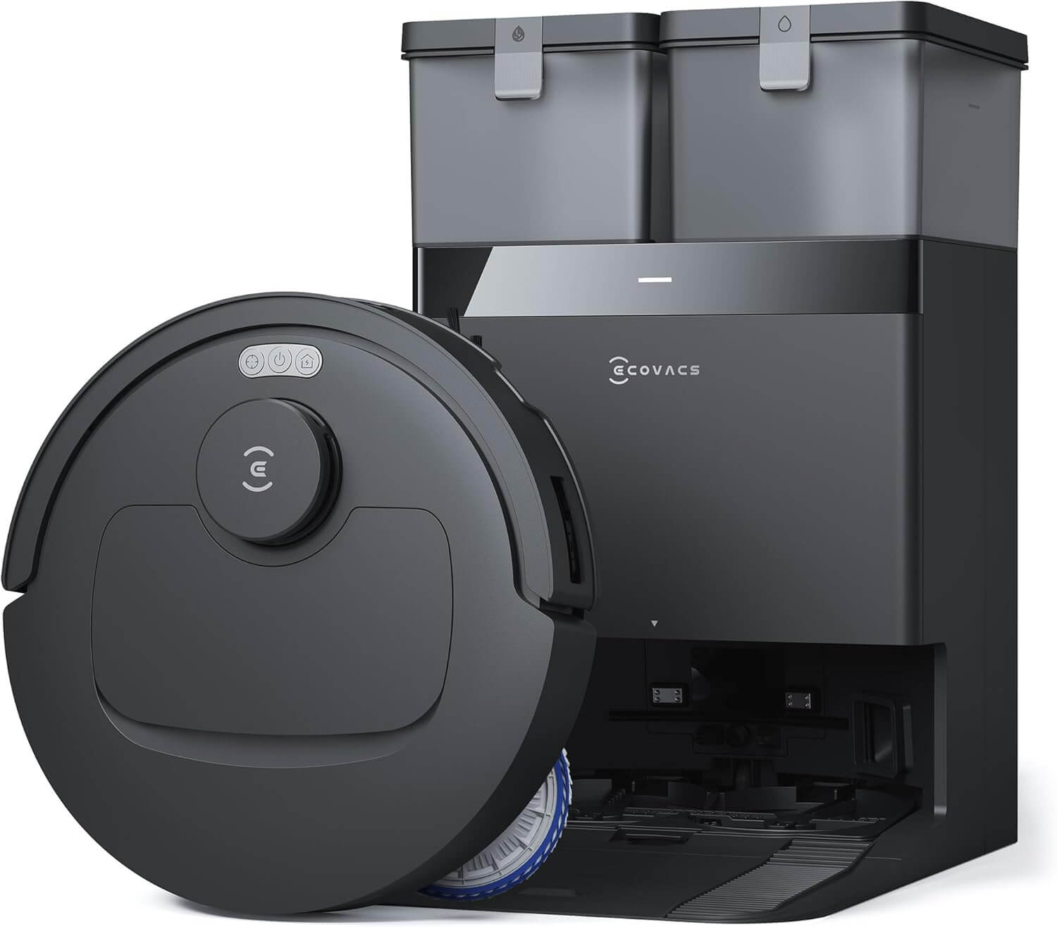 Der ECOVACS DEEBOT T30C Omni Gen2 ist in Schwarz samt Omni-Station zu sehen.