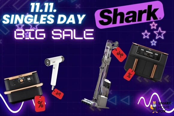 Verschiedene Shark und Ninja Geräte wie Akkusauger, Luftreiniger, Haarstyler und Heißluftfritteusen sind zum Singles Day 11.11. stark reduziert und mit Rabatt-Zeichen für ein herausragendes Angebot gekennzeichnet.