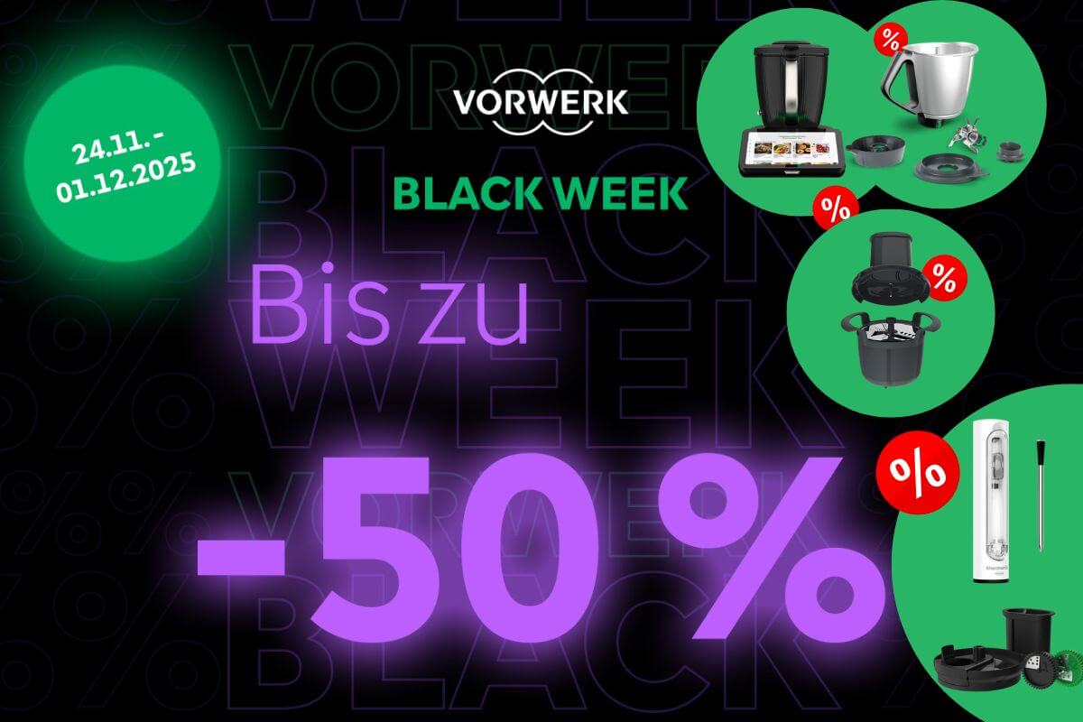 Verschiedenes Vorwerk Black Week – Thermomix Zubehör ist zu sehen und mit Rabatt Zeichen gekennzeichnet für einen Black Friday Deal.