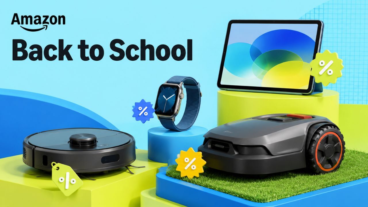 Saugroboter Mähroboter Smartwatch und Tablet mit Amazon Back to School Rabattkennzeichnung