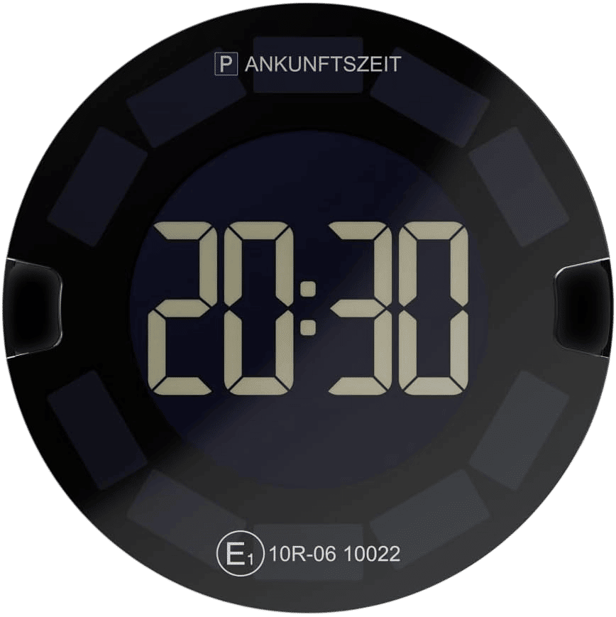 OOONO P-DISC No3 elektronische Parkscheibe freistehend auf weißem Hintergrund