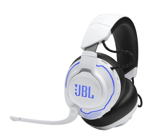 Die JBL Quantum PWL 910 Over-ear Gaming Headset Bluetooth in Weiß/Blau sind zu sehen.