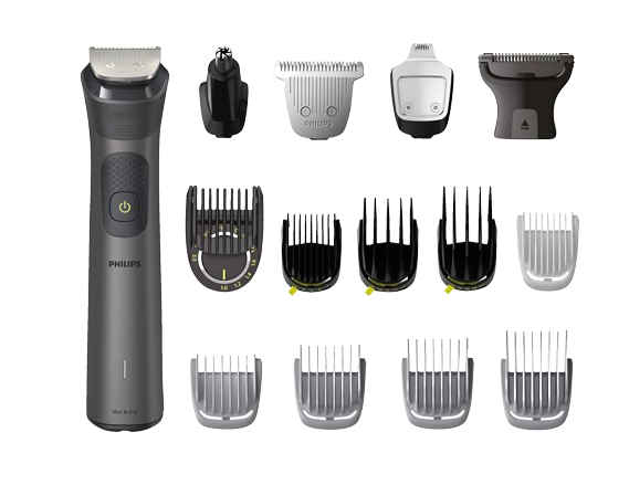 PHILIPS MG7950/15 All-in-One Serie 7000 Multigroomer, Schwarz, vor einem weißen Hintergrund mit 15 Aufsätzen.