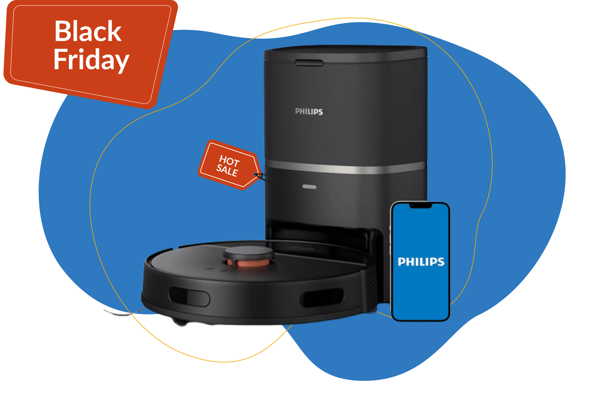 Der Philips Homerun Series 3000 Saugroboter mit Absaugstation steht im Black Friday Angebot vor einem blauen Hintergrund.