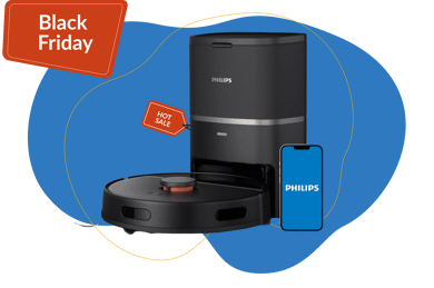 Der Philips Homerun Series 3000 Saugroboter mit Absaugstation steht im Black Friday Angebot vor einem blauen Hintergrund.