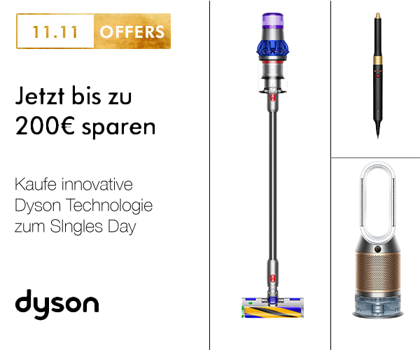 Verschiedene Dyson Akkusauger, Luftreiniger, Haarstyler und ANC-Kopfhörer sind während zum Singles Day 11.11. - 14.11. Stark reduziert und mit Rabatt-Zeichen für ein herausragendes Angebot gekennzeichnet.