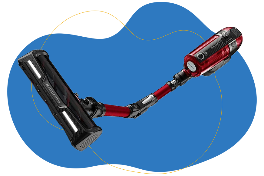 Der  ROWENTA RH99A9 X-Force Flex 14.60 Animal Stielsauger, Akkubetrieb, 480 Watt ist zu sehen vor einem blauen Hintergrund.