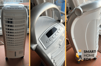 Der Trotec PAE 30 Aircooler steht auf einem Laminatboden und wird von vorne und hinten gezeigt..