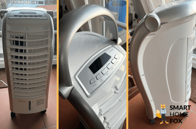 Der Trotec PAE 30 Aircooler steht auf einem Laminatboden und wird von vorne und hinten gezeigt..