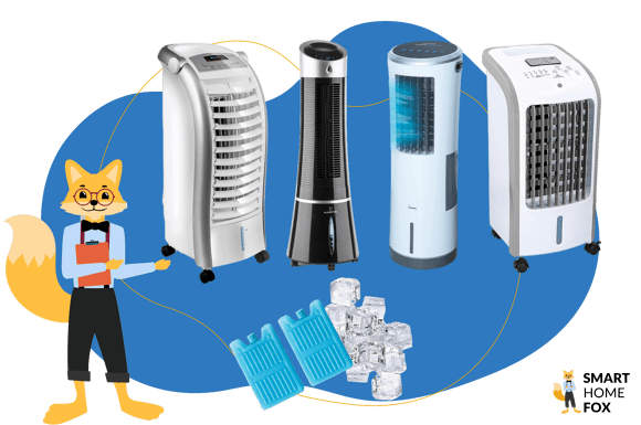 Der Smart-Home-Fox präsentiert die besten Klimaanlagen ohne Abluftschlauch im Test und Vergleich, darunter liegen ein Paar Kühlakkus und Eiswürfel.