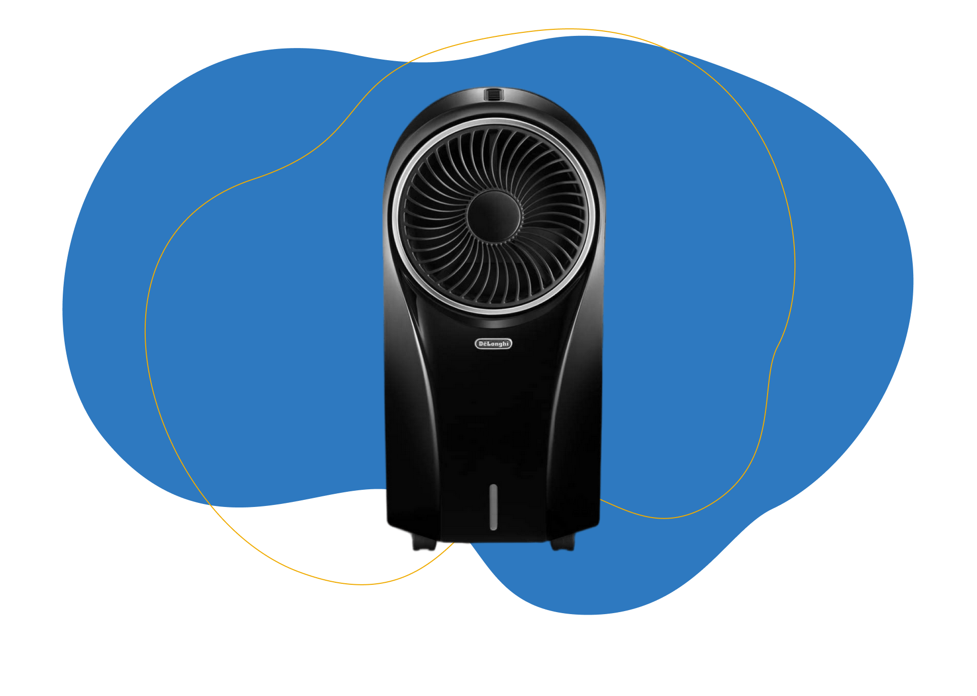 Der De'Longhi EV 250 Luftkühler steht vor eionem blauen Hintergrund.