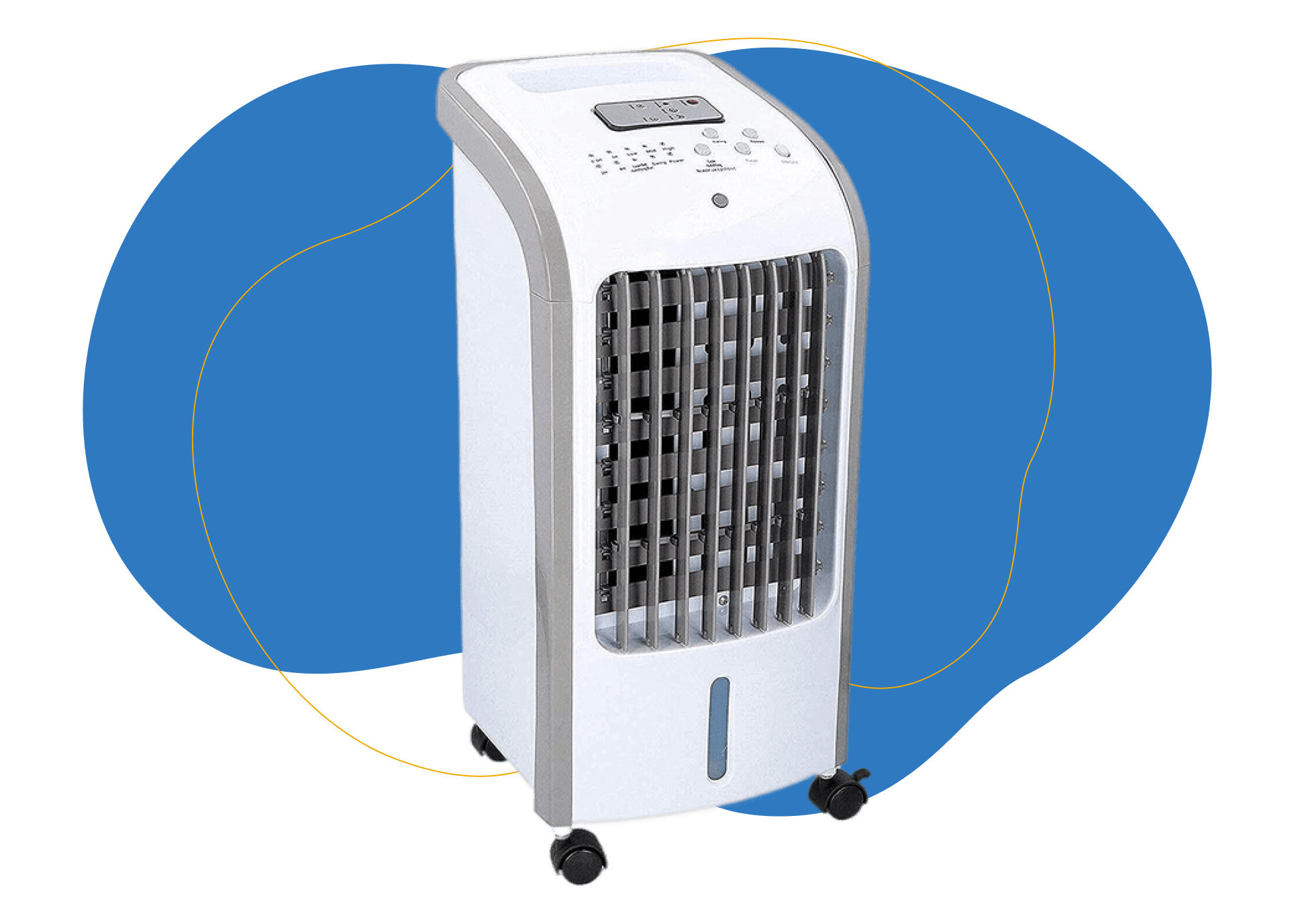 Die Jung LIFEAIR Klimaanlage ohne Abluftschlauch vor einem blauen Hintergrund.