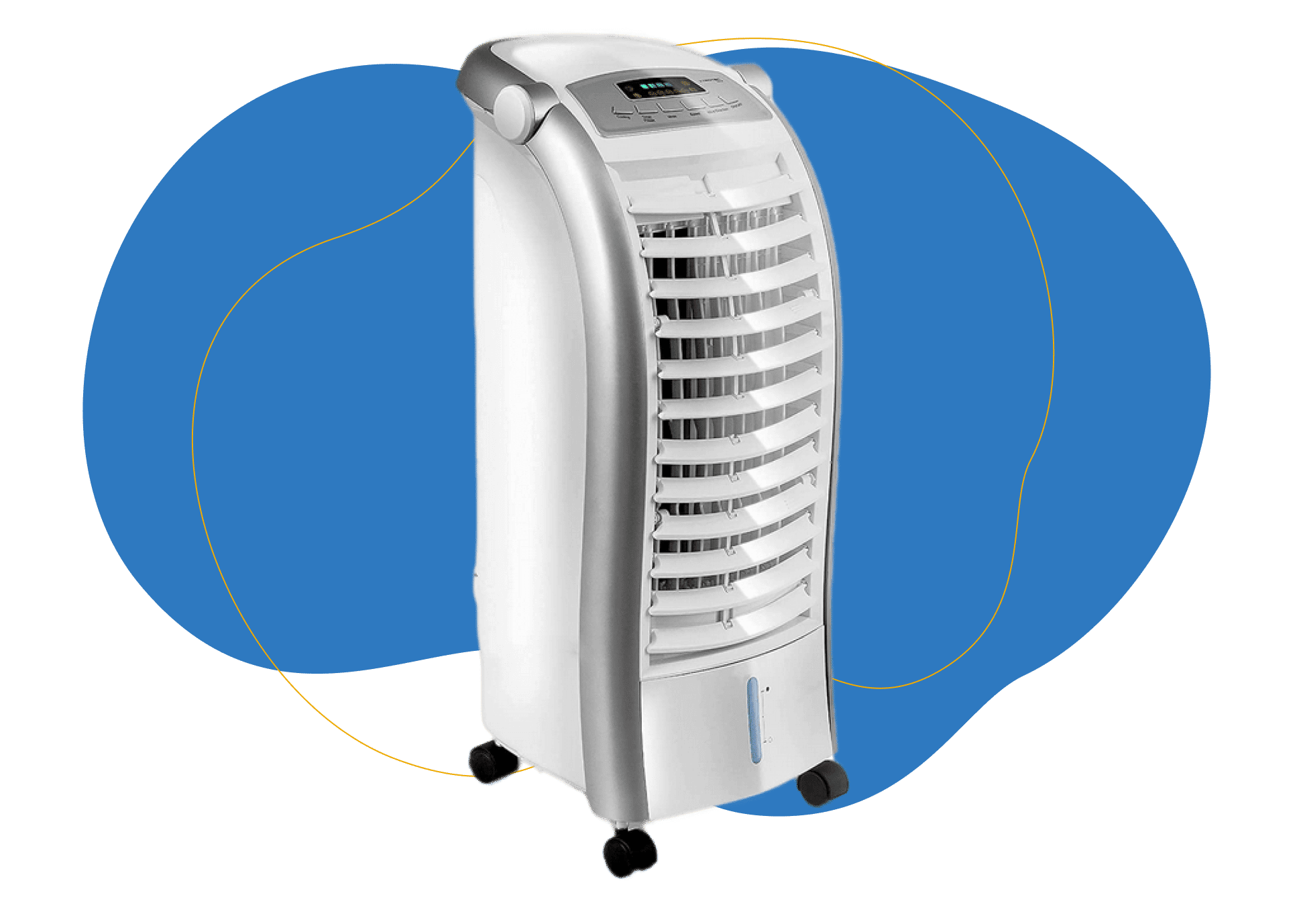 Die Trotec PAE 25 Aircooler, Klimaanlage ohne Abluftschlauch vor einem blauen Hintergrund.