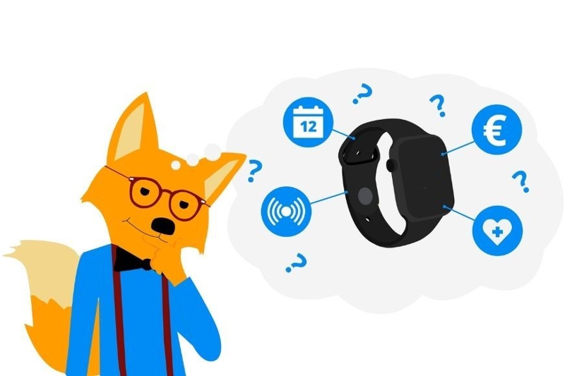 Man sieht den Smarthome-Fuchs, wie er über die verschiedenen Funktionen von Laufuhren nachdenkt.