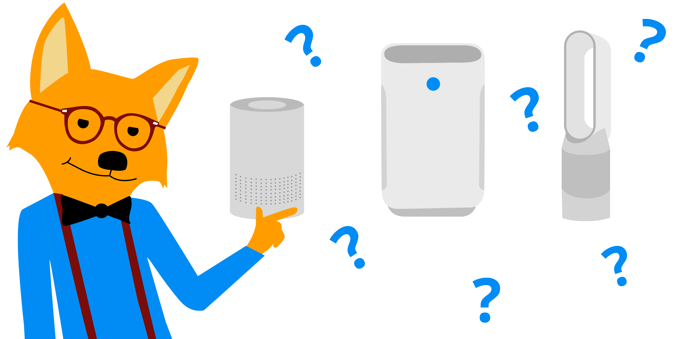 Der "Smart-Home-Fox" zeigt auf einen von mehreren Luftreinigern