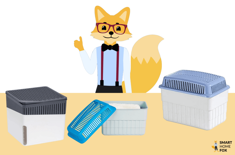 Der Smart-Home-Fox-Experte präsentiert unterschiedliche Granulatluftentfeuchter im Test und Vergleich auf einem Tisch.
