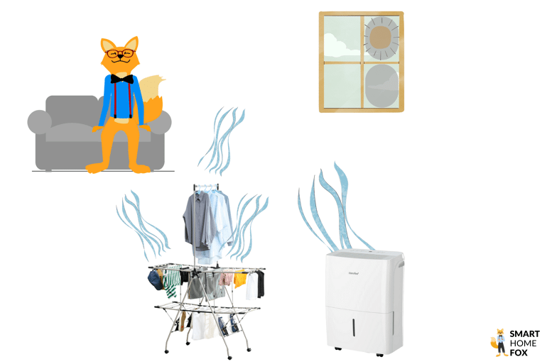 Ein Luftentfeuchter steht im Wohnzimmer neben einer Wäscheleine mit frisch gewaschener Wäsche, um die Wäsche schneller zu trocknen und die Luftfeuchtigkeit zu reduzieren.