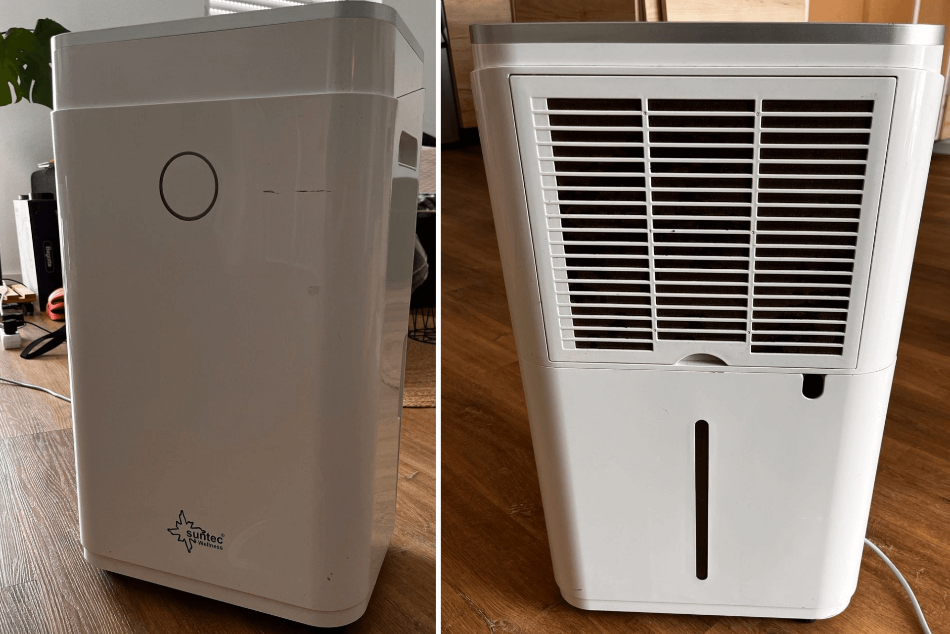 Der Suntec DryFix 50 Luftentfeuchter steht vor einem blauen Hintergrund..