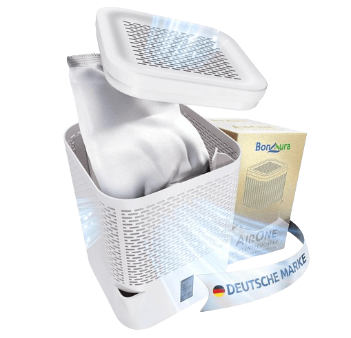 Der BonAura AirOne Luftentfeuchter ohne Strom ist im Profil zu sehen.