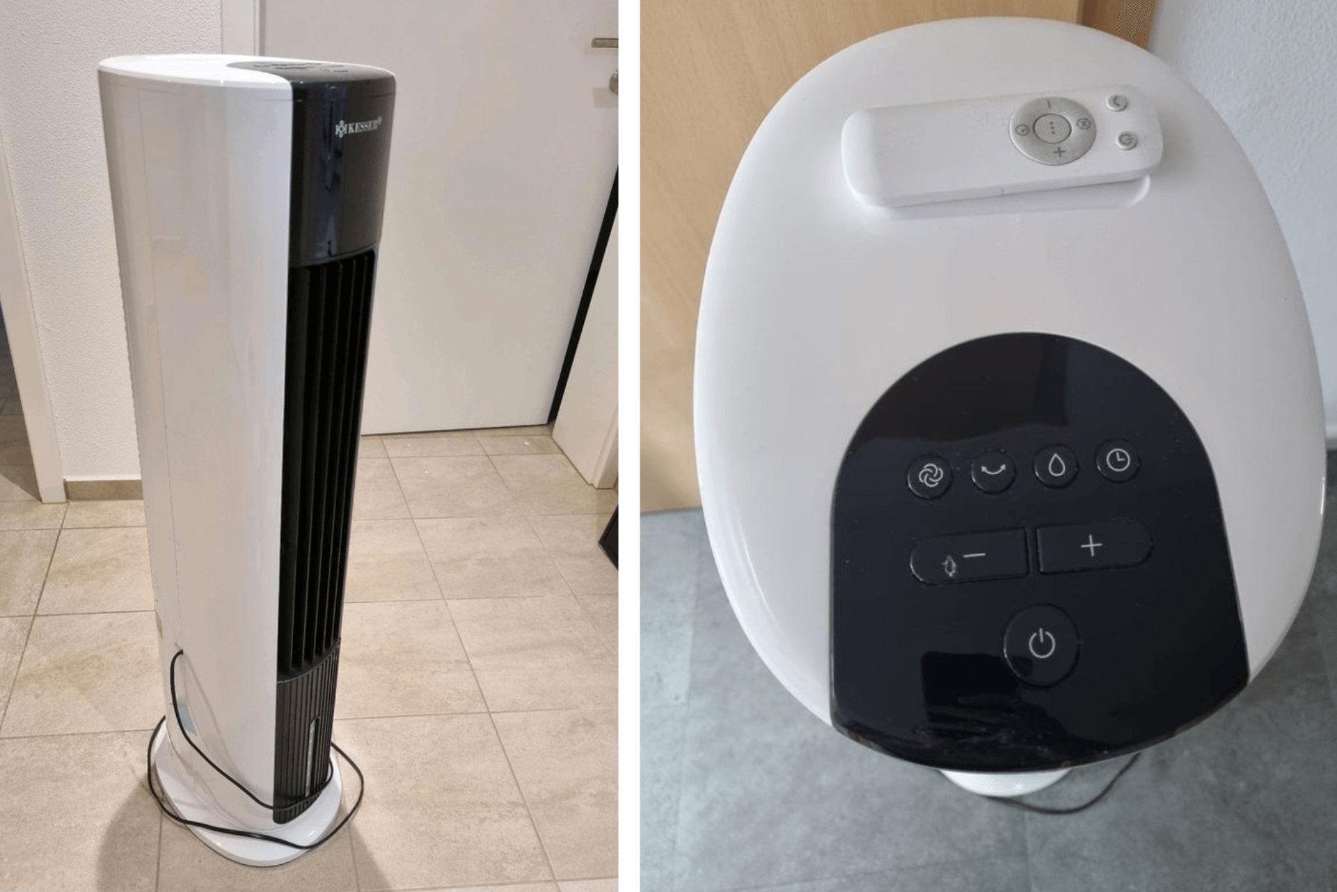 Der Midea Tower Luftkühler steht auf dem Boden im Flur und das Display befindet sich in der zweiten Bildhälfte in der Nahaufnahme.