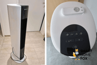 Der Midea Tower Luftkühler steht auf dem Boden im Flur und das Display befindet sich in der zweiten Bildhälfte in der Nahaufnahme.