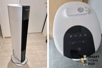 Der Midea Tower Luftkühler steht auf dem Boden im Flur und das Display befindet sich in der zweiten Bildhälfte in der Nahaufnahme.