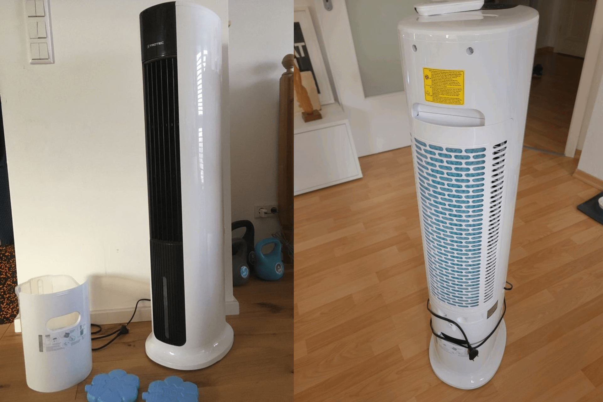 Der Trotec PAE 30 Aircooler steht auf einem Laminatboden und wird von vorne und hinten gezeigt..