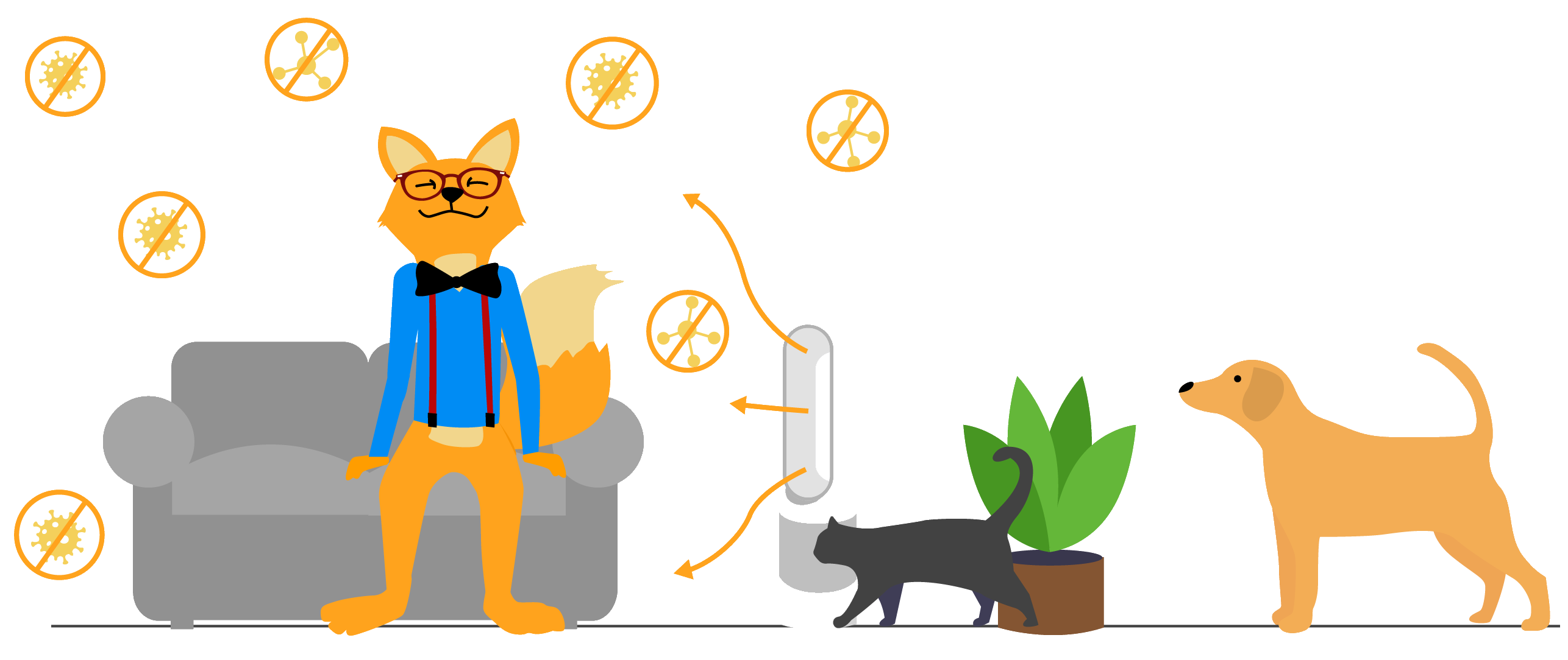 Der "Smart-Home-Fox" sitzt zufrieden auf der Couch und der Dyson Luftreiniger reinigt die Luft von Allergenen wie Pollen, Katzen und Hundehaaren