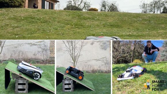 Mähroboter mit Allradantrieb auf einem steilen Hang im Garten im Test und Vergleich
