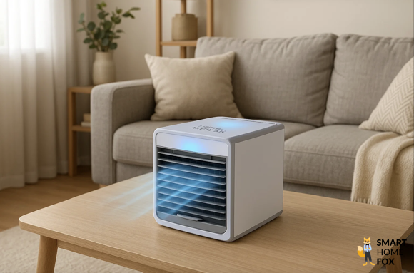Eine Mini Klimaanlage steht auf dem Tisch bei Smart-Home-Fox im Test.