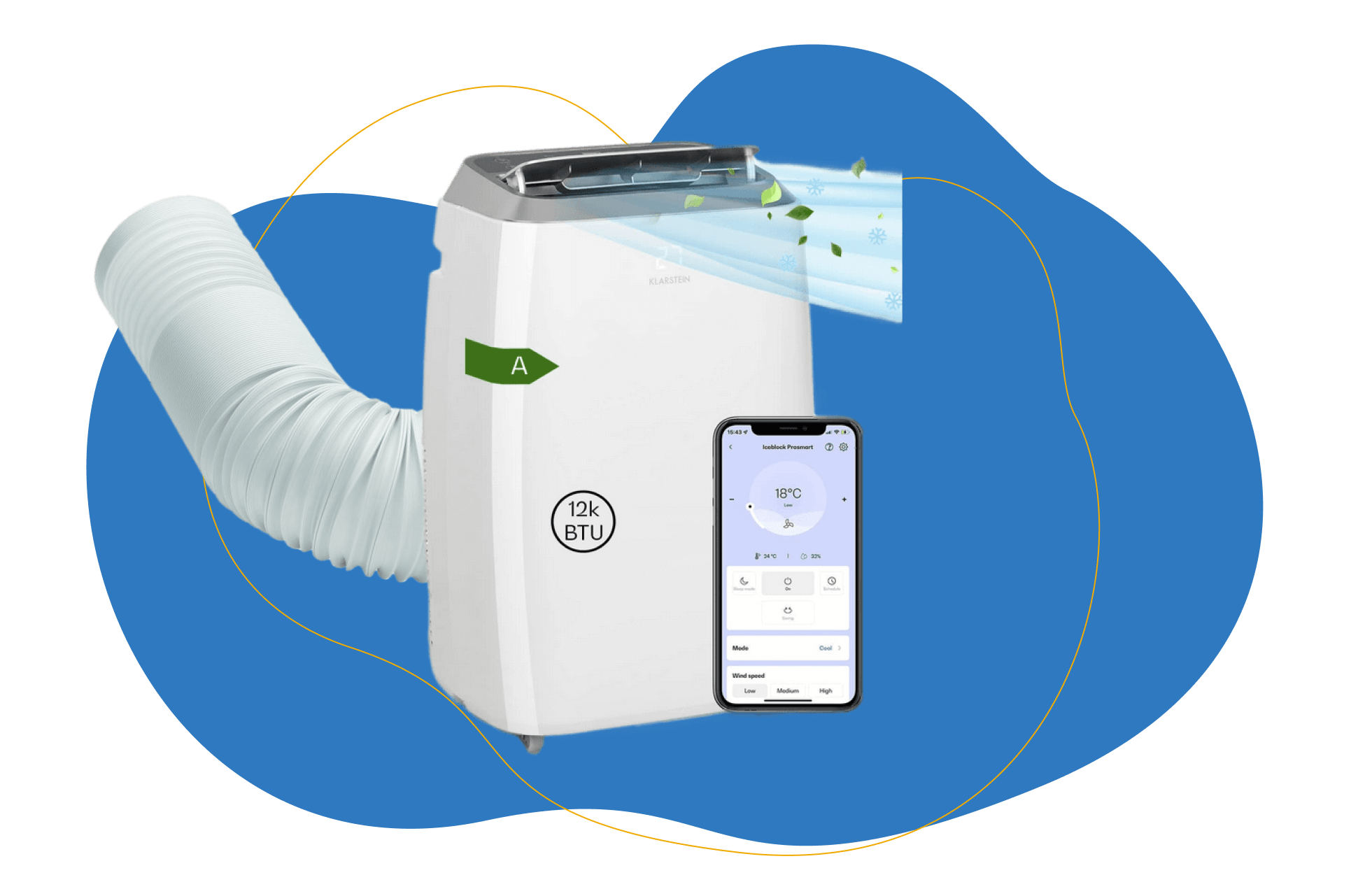 Die Klarstein Grandbreeze Pro 14K mobile Klimaanlage vor einem blauen Hintergrund.