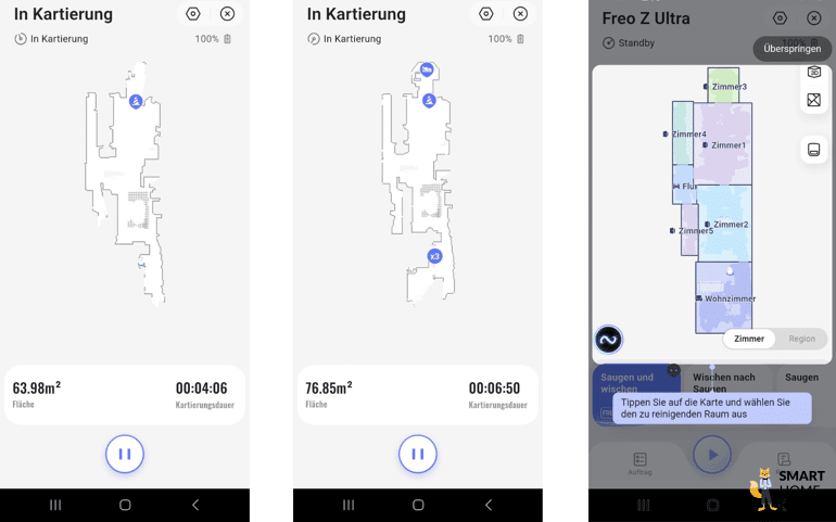 Die strukturierten Navigationspfade des Narwal Freo Z Ultra sind in der App zu sehen.