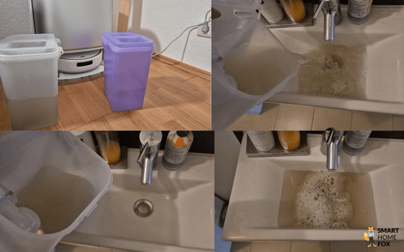 Das Schmtzwasser des Narwal Freo Z Ultra nach dem Wischen unserer Wohnung ist zu sehen.