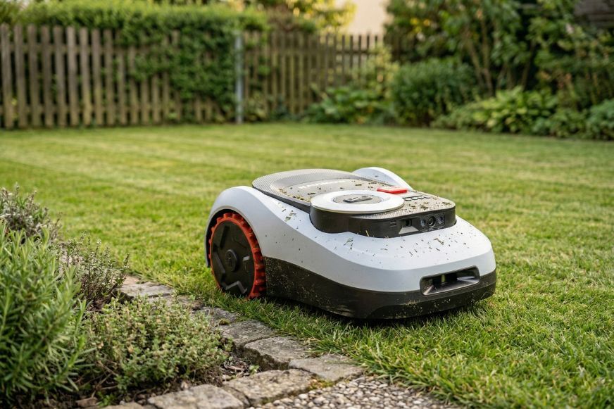 Der Segway Navimow i208 LiDAR Mähroboter steht auf dem Rasen.