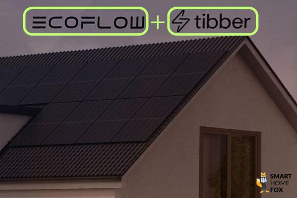 EcoFlow kooperiert mit der Firma Tibber und ist miteinander verbunden über einem Dach mit PV-Modulen.