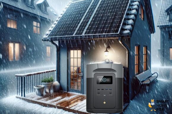 Der EcoFlow Delta 2 Max Balkonkraftwerk Speicher steht draußen und es regnet, schneit und stürmt.