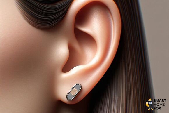 Ein smarter Ohrring hängt am Ohr.