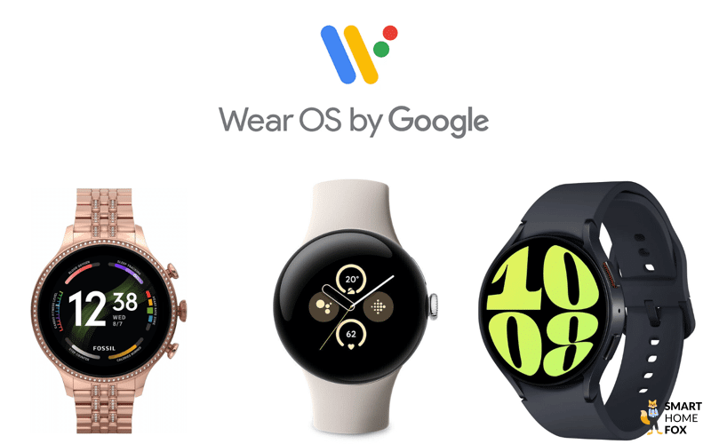 Wear OS Smartwatch Modelle sind vor einem weißen Hintergrund zu sehen.