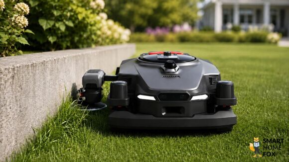 NexLawn NAVIA PRO AWD fährt seine seitliche Schneidscheibe an einer Mauerkante aus