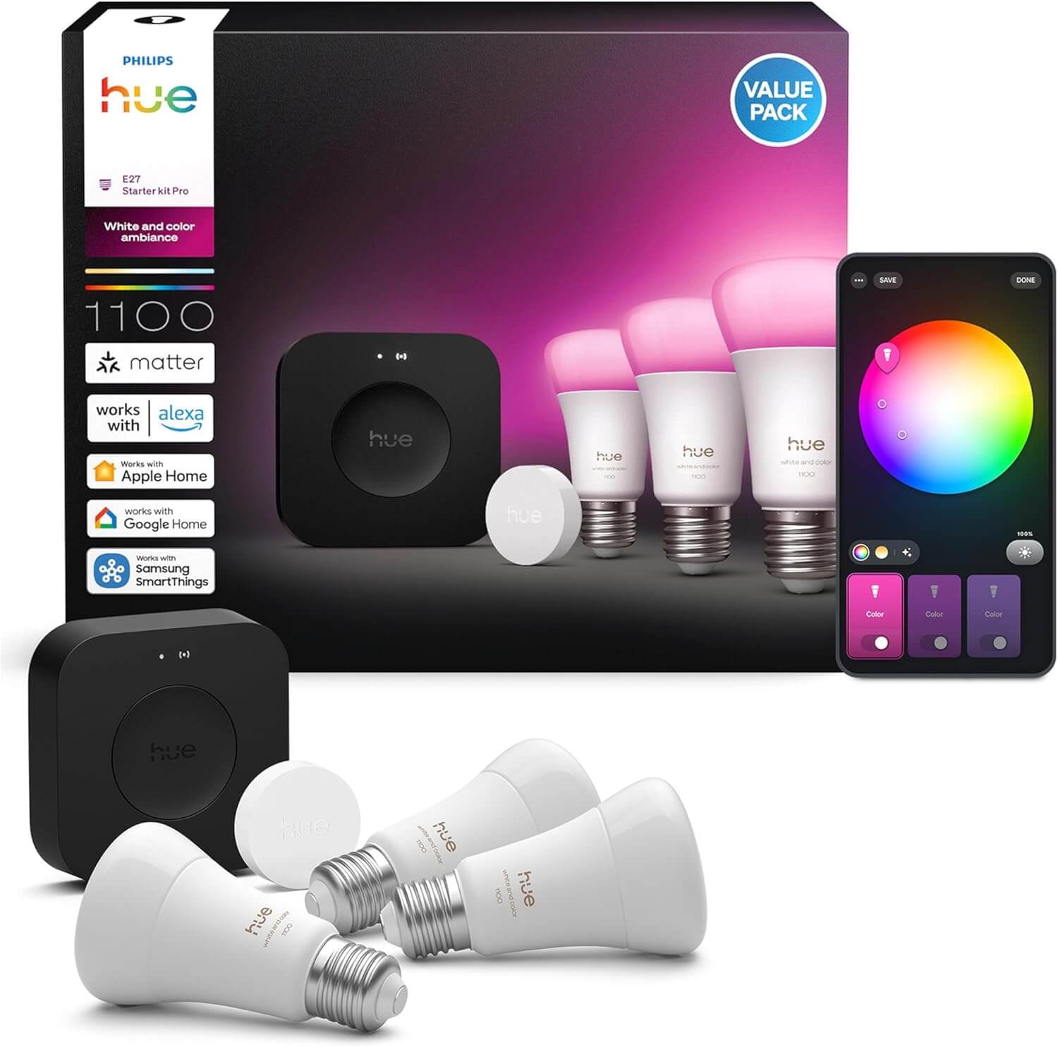 Philips Hue Starter Kit mit Bridge Pro und drei E27 Glühbirnen auf weißem Hintergrund