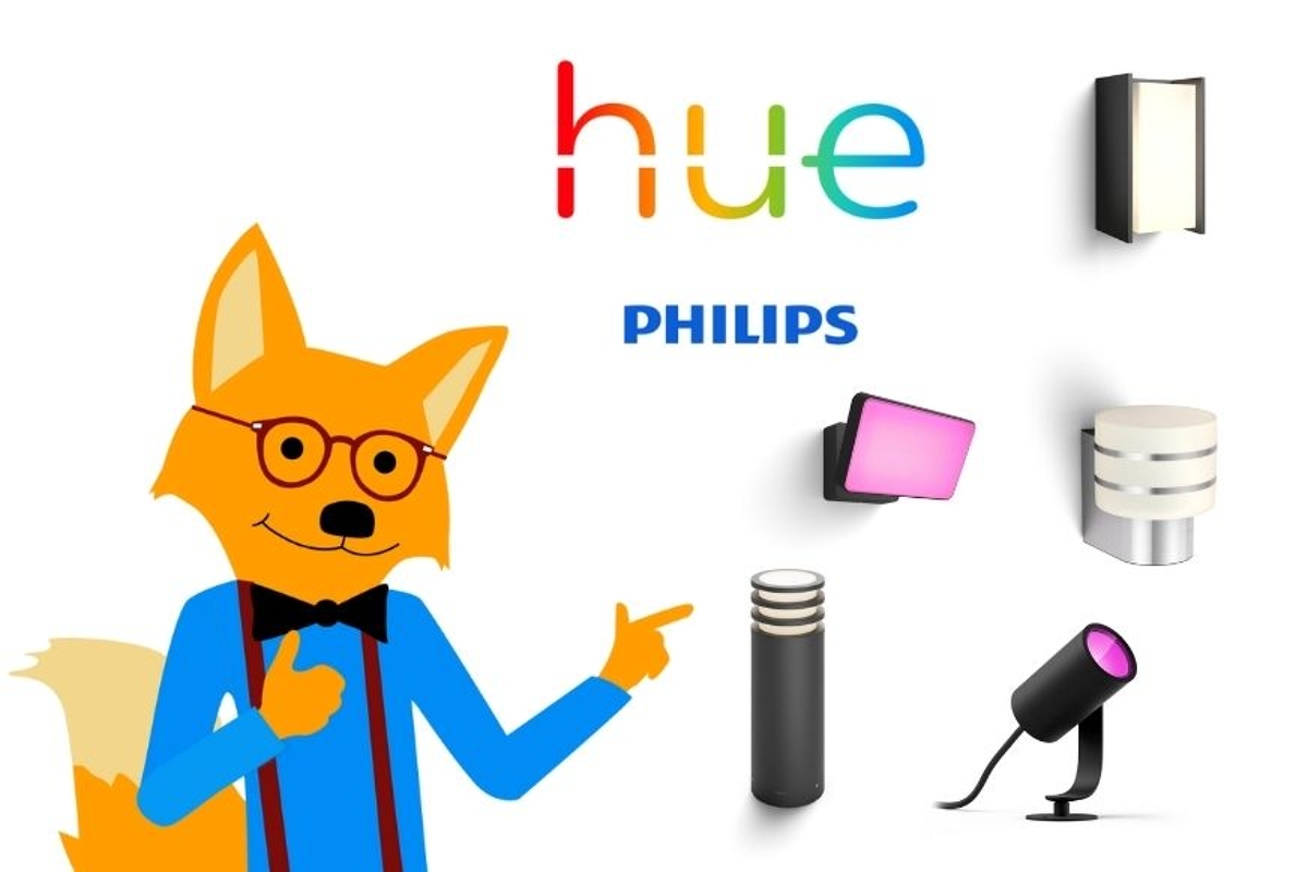 Man sieht verschiedene Philips Hue Outdoor Produkte.