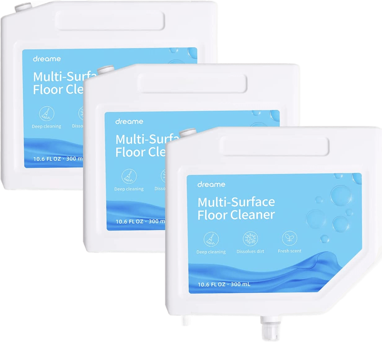 3 Flaschen des Reinigers für den Dreame L10s Ultra sind vor einem weißen Hintergrund zu sehen.