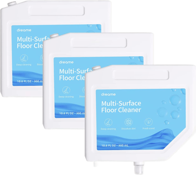 3 Flaschen des Reinigers für den Dreame L10s Ultra sind vor einem weißen Hintergrund zu sehen.