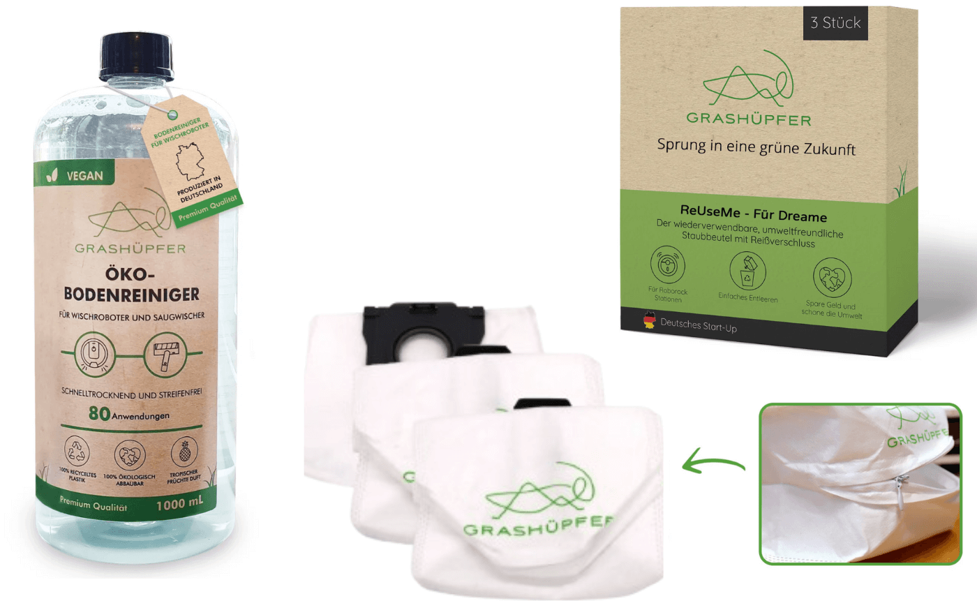 Wiederverwendbare Staubbeutel mit Reißverschluss für alle gängigen Dreame-Stationen sowie eine Flasche des Grashüpfer Bio-Bodenreiniger für Wischroboter sind vor einem weißen Hintergrund zu sehen.